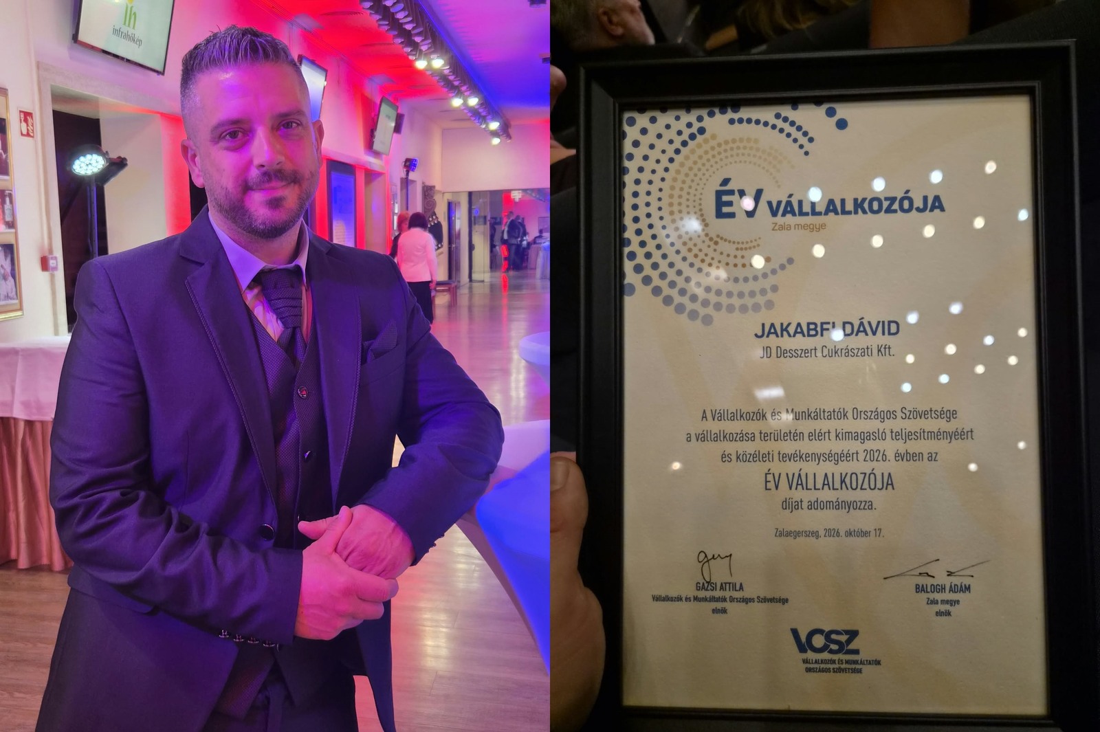 Jakabfi Dávid és a Zala vármegyei Év Vállalkozója elismerés.