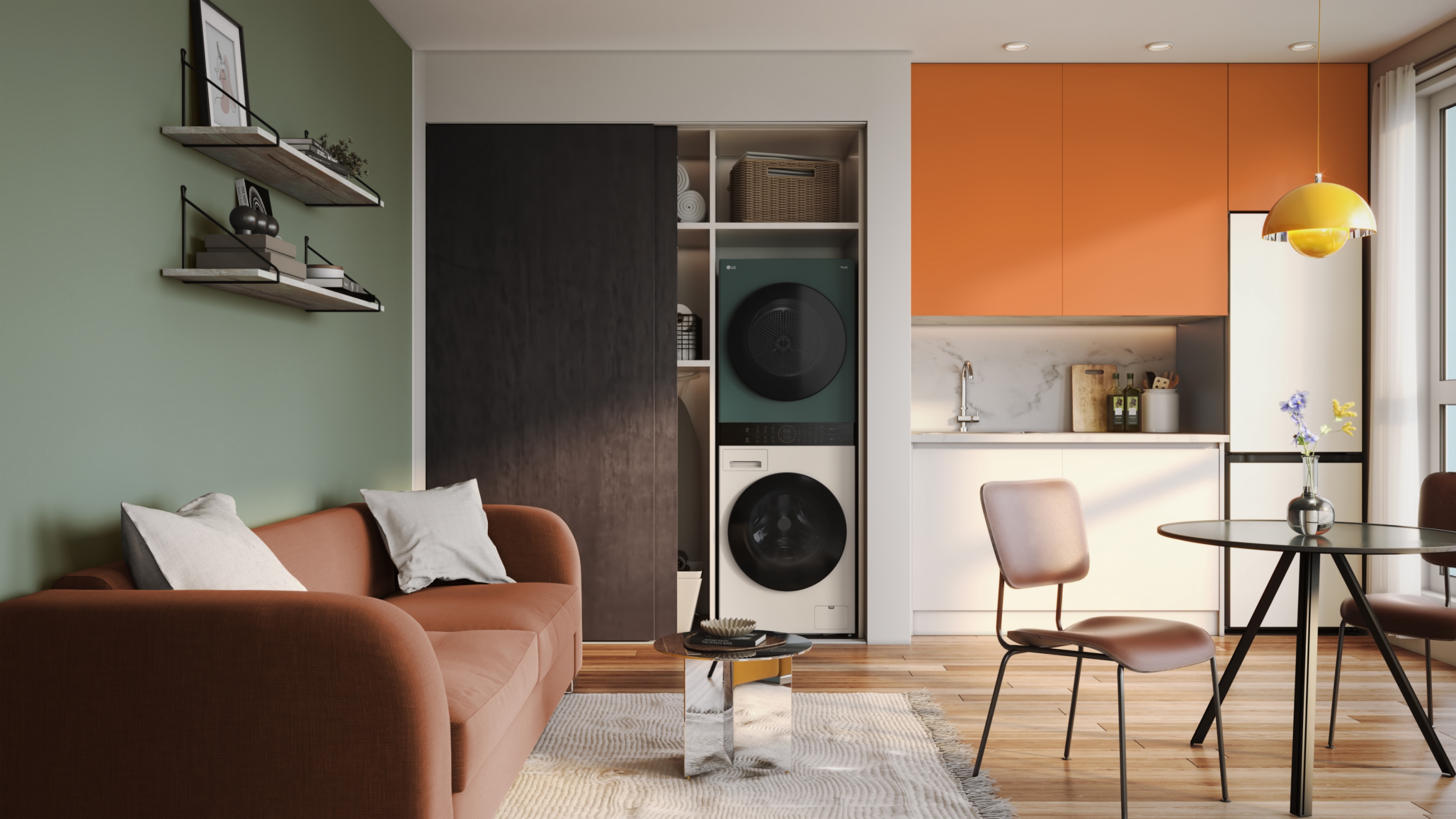 LG WashTower mosó- és szárítógép egy lakótérben kialakított szekrényben.