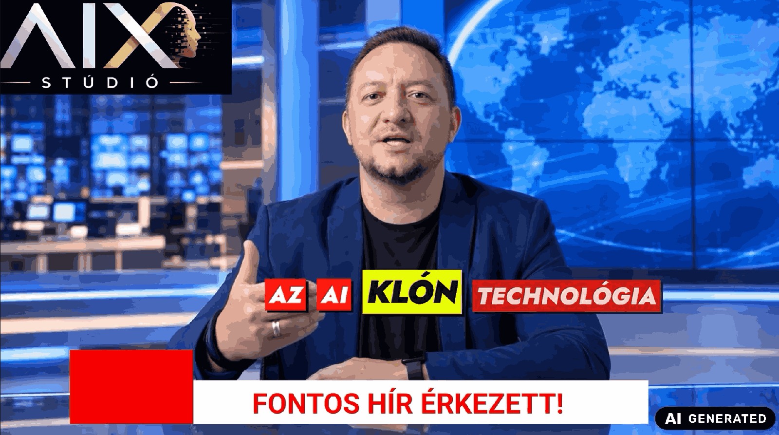 Az AIX Stúdió digitális hírbemondót bemutató sajtógrafikája.
